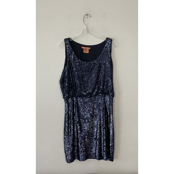 Tory Burch Sequin Dress Size Medium Alton Blue Belted Sparkle Evening Glam - Picture 1 of 9